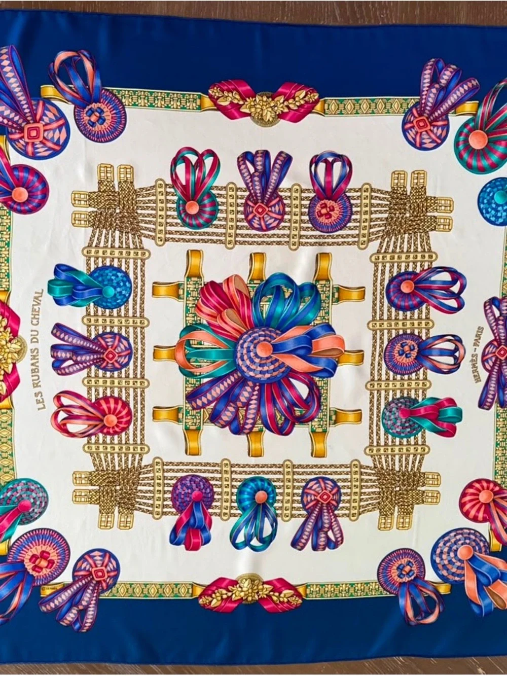 Hermes Silk Scarf Carré 90 Blue White Hand Rolled Made in France